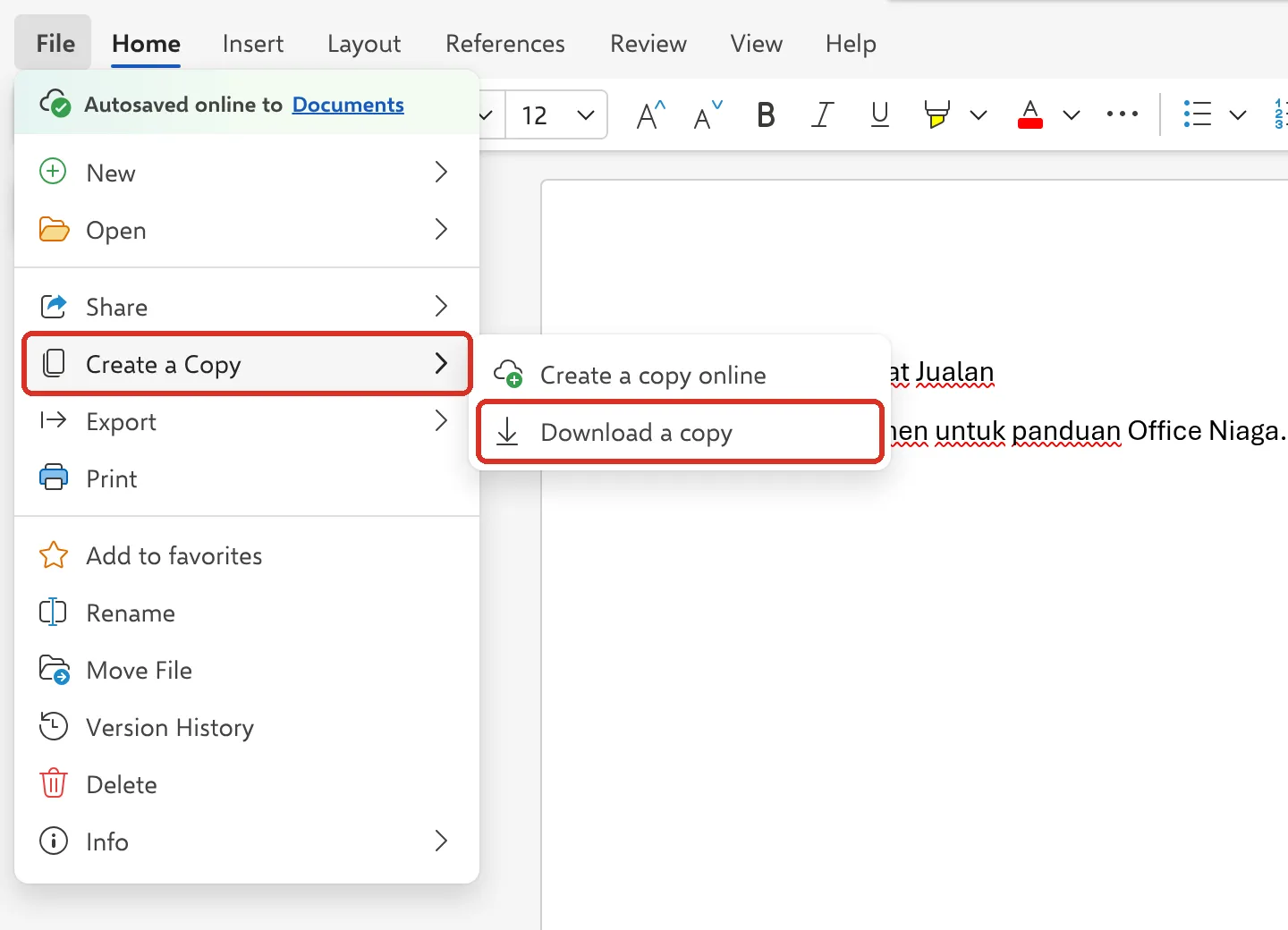Word File menu with Create a Copy and Download a copy highlighted