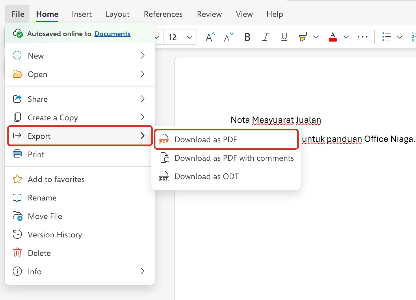 Word File menu with Export and Download as PDF highlighted