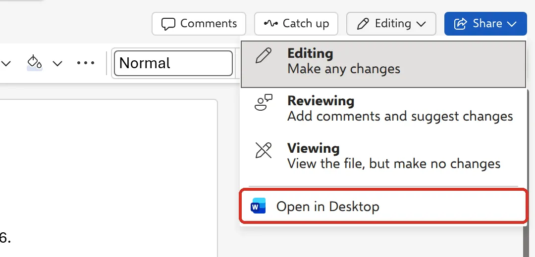 Editing menu in Word for the web with Open in Desktop highlighted