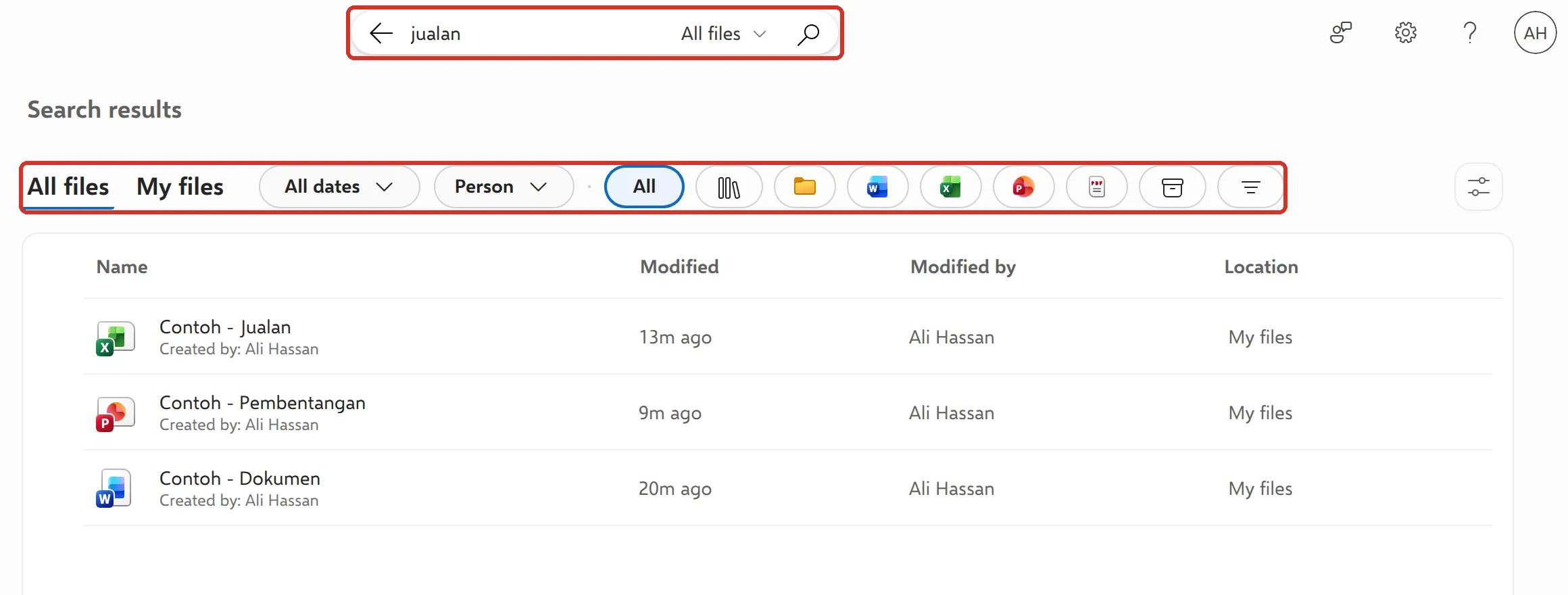 OneDrive search results for a sample word with the search box and the filters highlighted