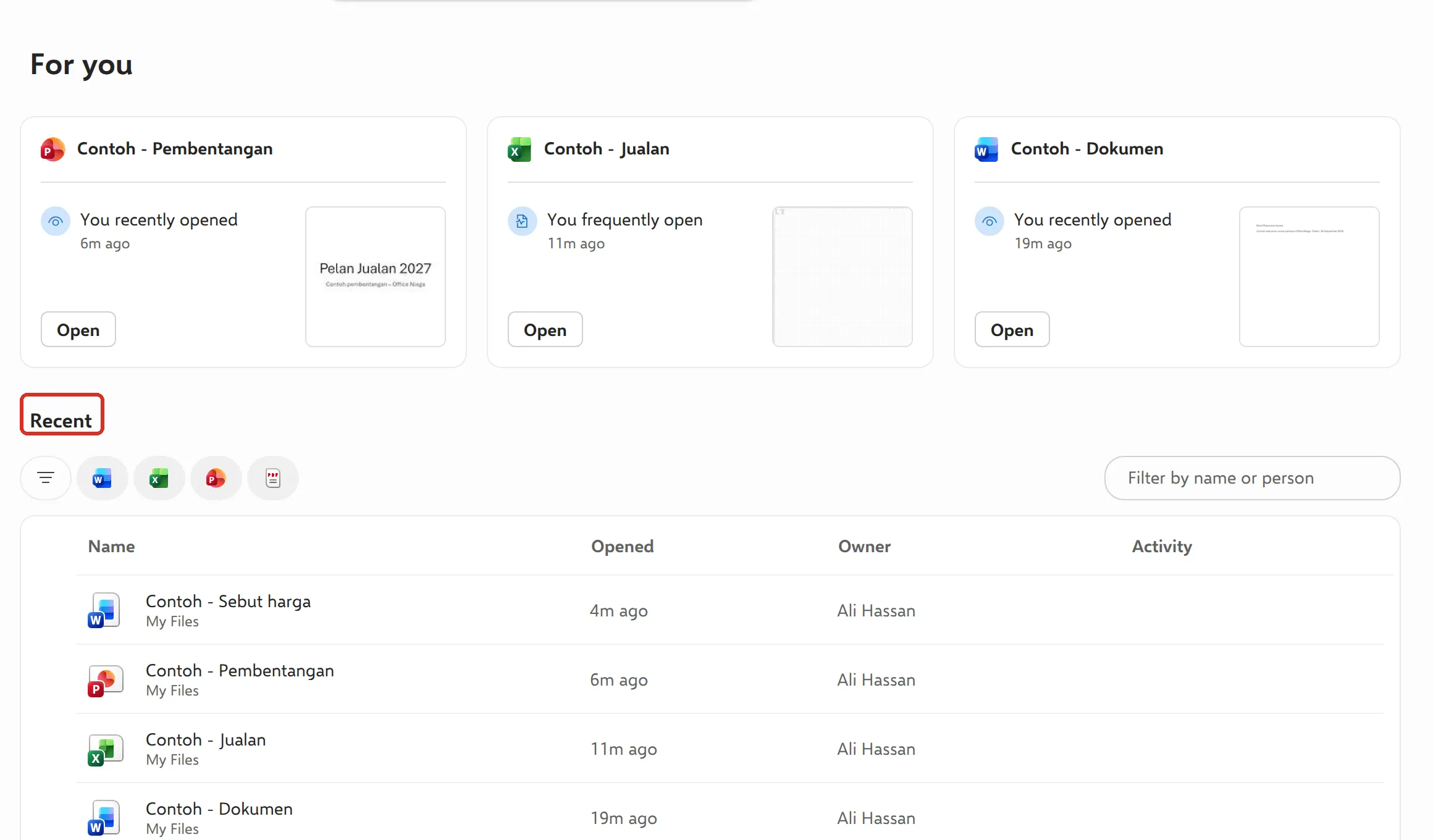 OneDrive Home page with For you cards and the Recent list highlighted