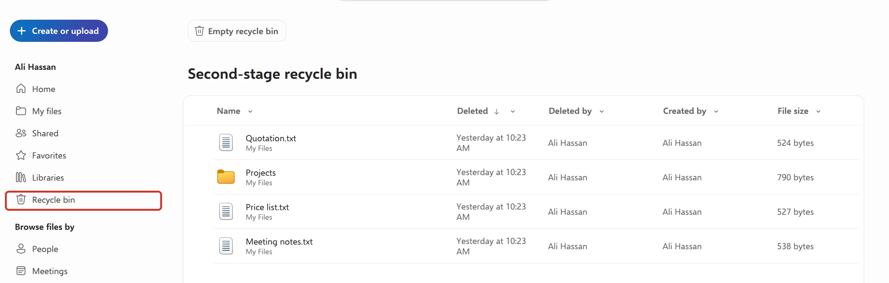 Second-stage recycle bin page with sample files