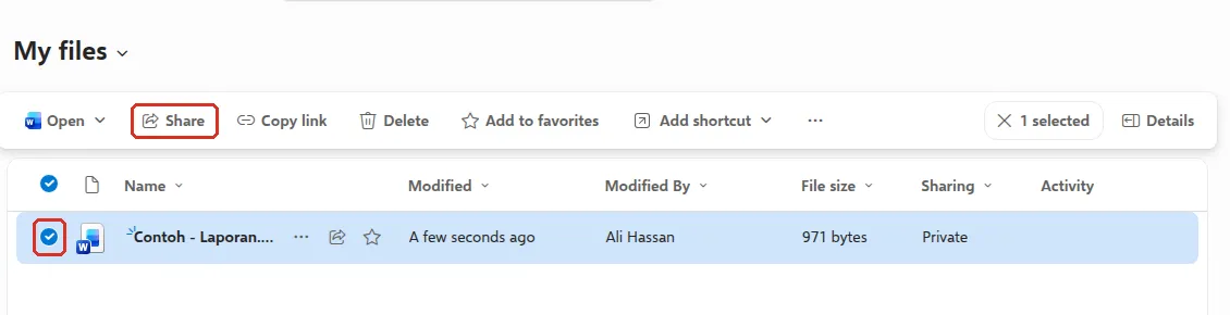 OneDrive My files with a file ticked and the Share button highlighted
