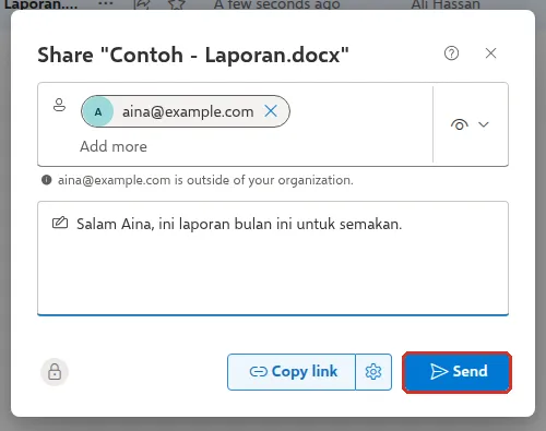 Share box with a short message and the Send button highlighted