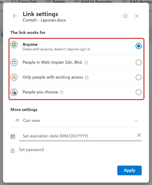Link settings with the four The link works for options highlighted