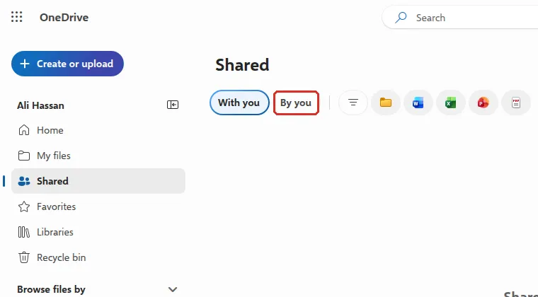 OneDrive Shared page with the By you tab highlighted