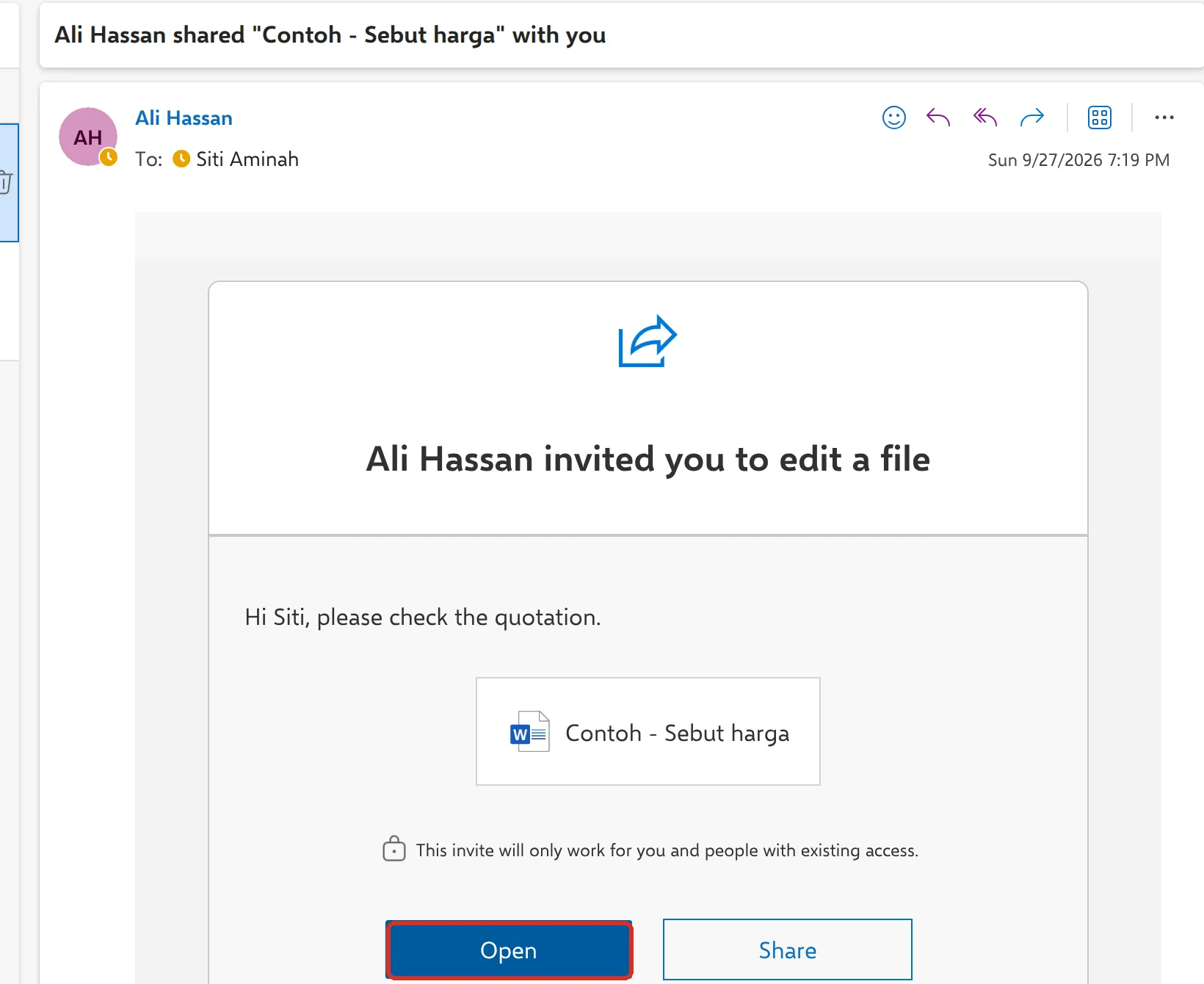对方收到的邀请电邮，写着Ali Hassan邀请你编辑文件，Open按钮已标示