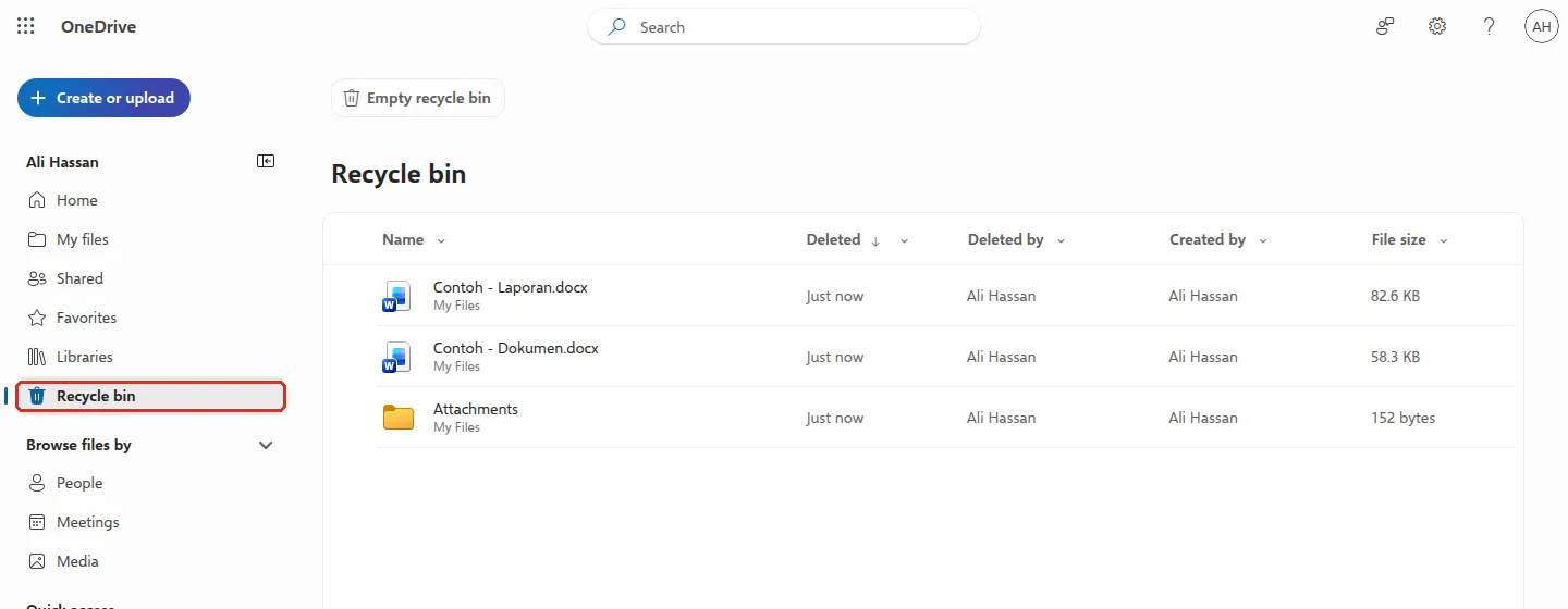 OneDrive Recycle bin with deleted sample files and the Recycle bin menu item highlighted