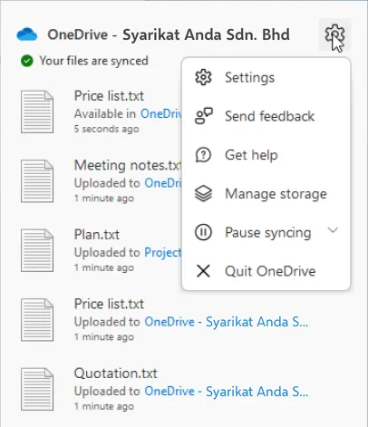 OneDrive panel from the cloud icon, with the gear menu open and Settings at the top