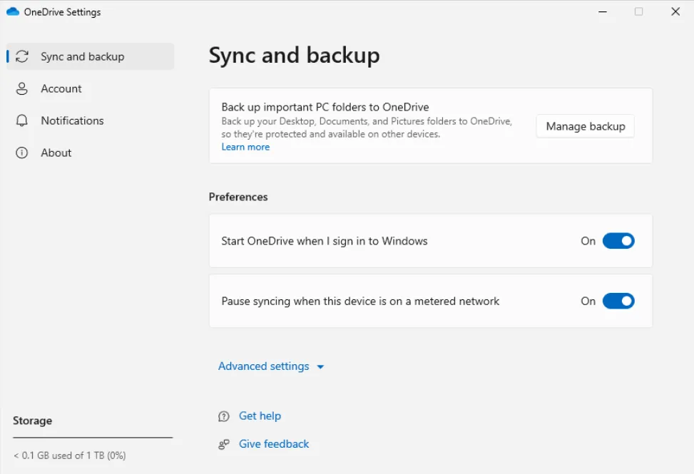 OneDrive Settings on the Sync and backup tab with the Manage backup button