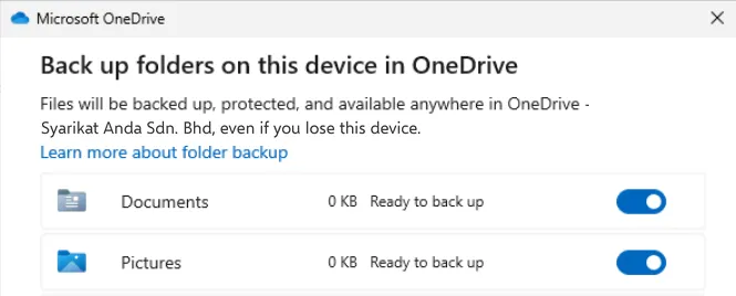 Back up folders on this device in OneDrive window with Documents and Pictures turned on