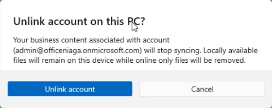 Unlink account on this PC? window with the Unlink account and Cancel buttons