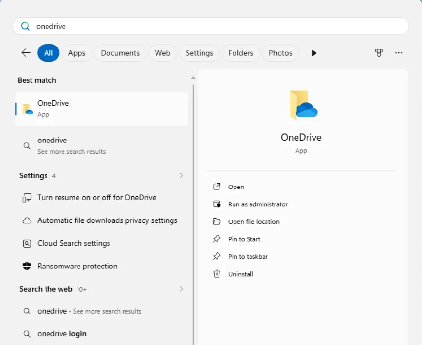 Windows Start search for onedrive with the OneDrive app as the best match