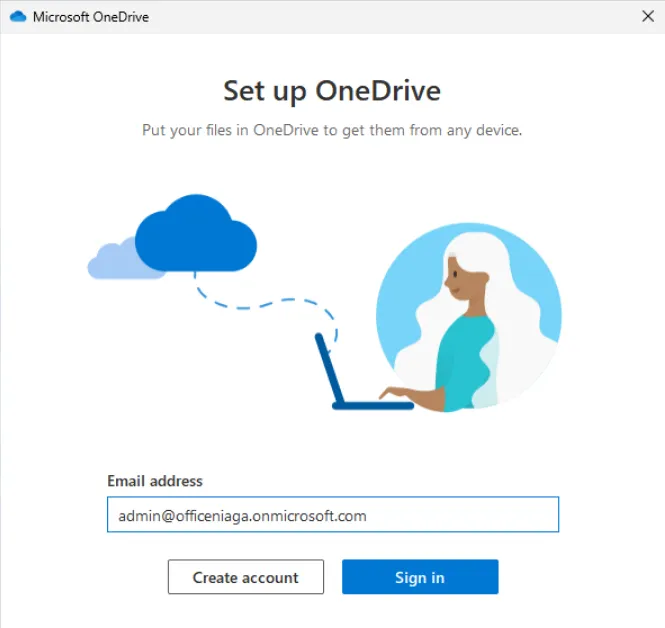 Set up OneDrive window with the work email address typed in and the Sign in button
