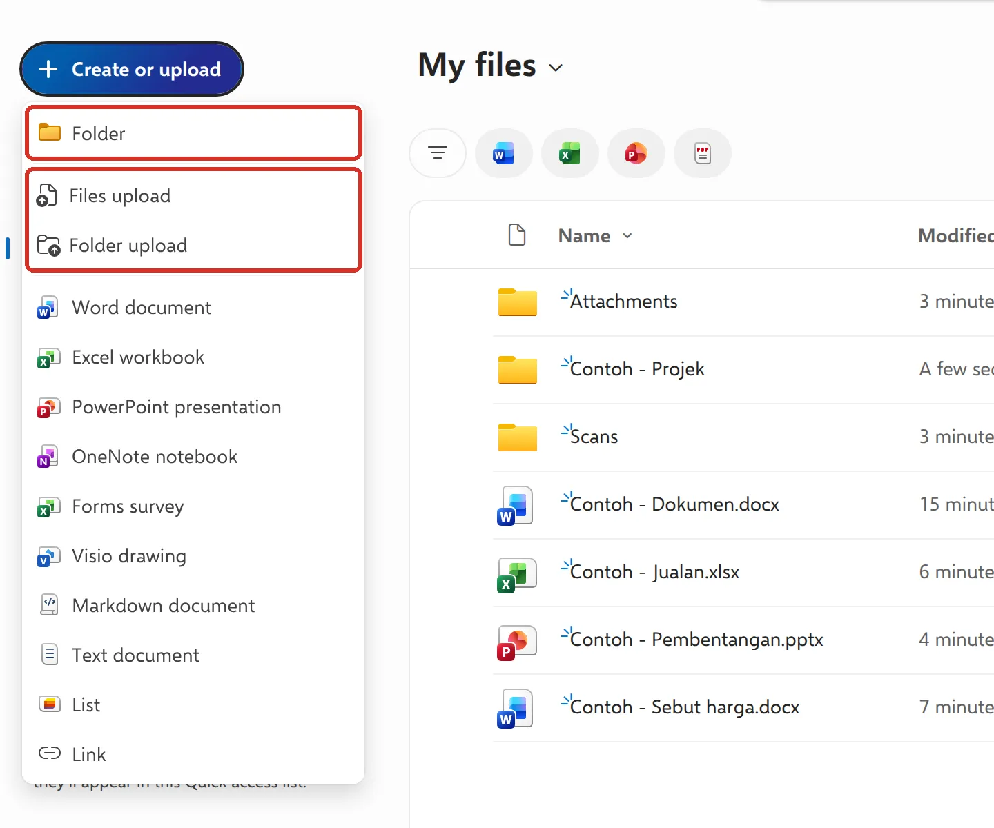 Create or upload menu with Folder, Files upload and Folder upload highlighted
