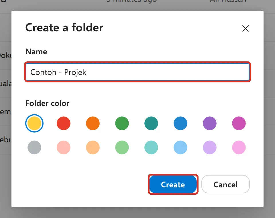Create a folder box with a sample name typed and the Create button highlighted