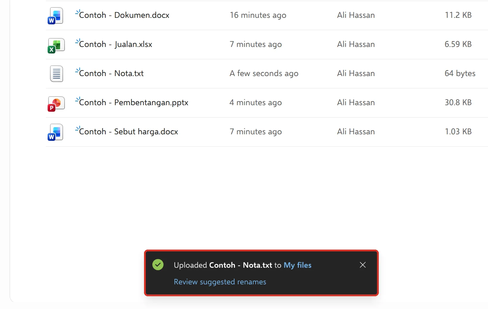 Upload complete message at the bottom of OneDrive