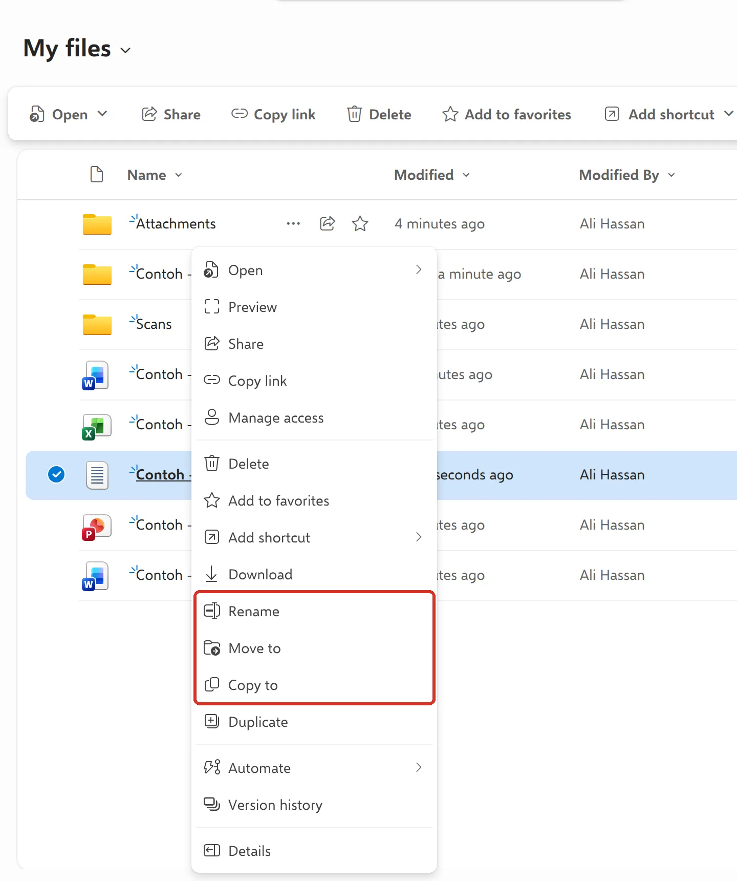 Right-click menu on a file with Rename, Move to and Copy to highlighted