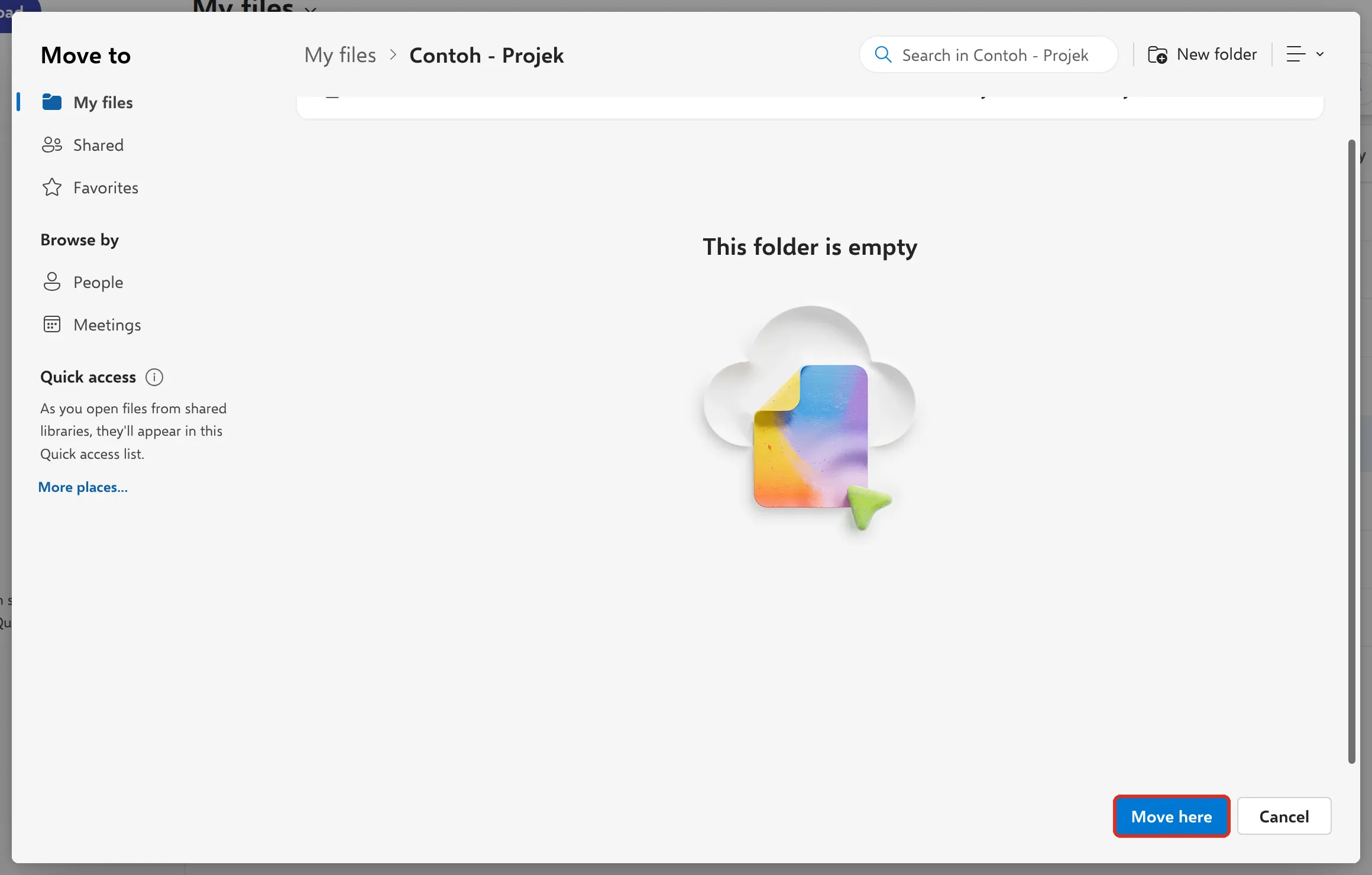 Move to window inside a sample folder with the Move here button highlighted