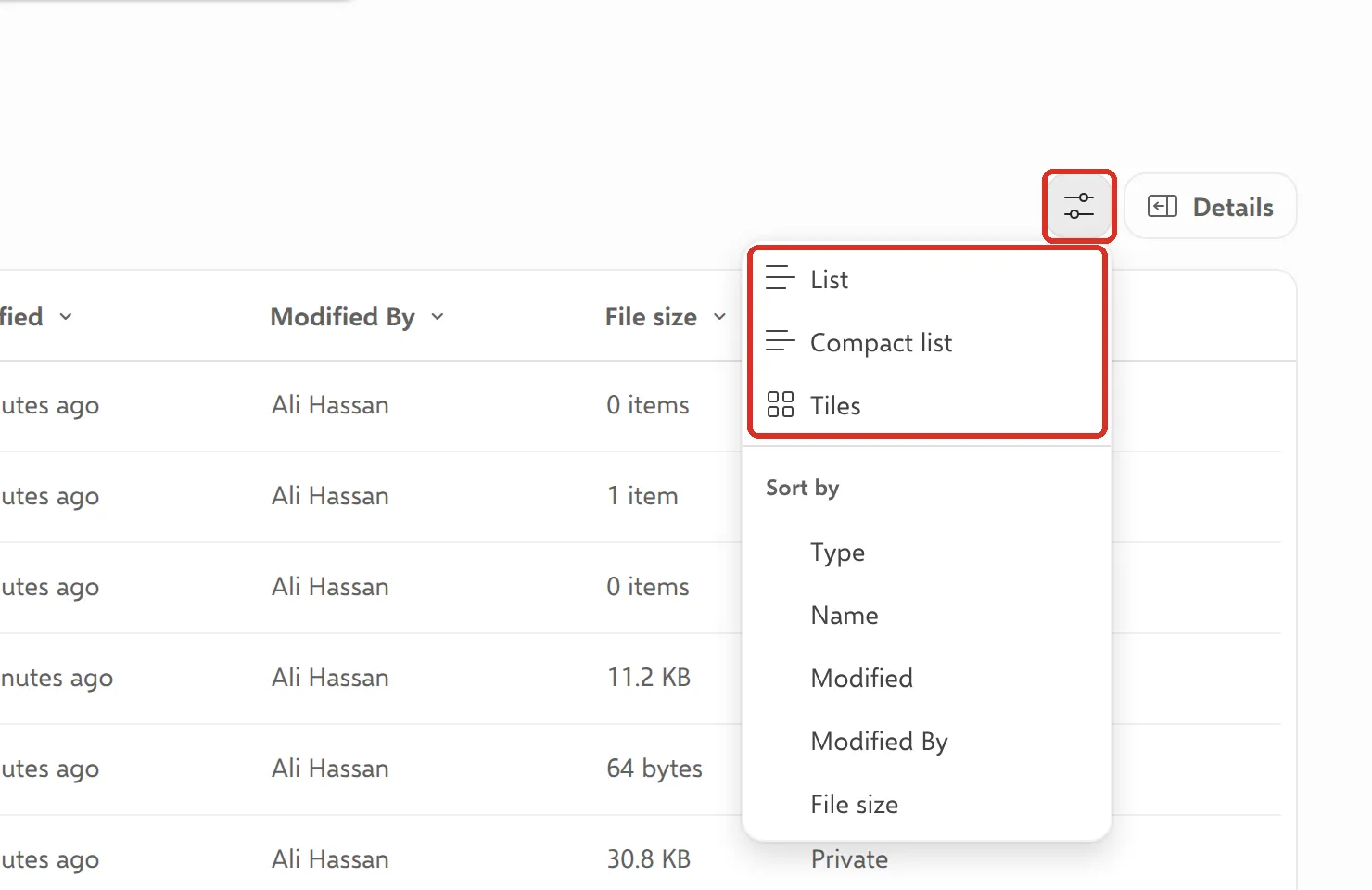 View options menu with List, Compact list and Tiles highlighted