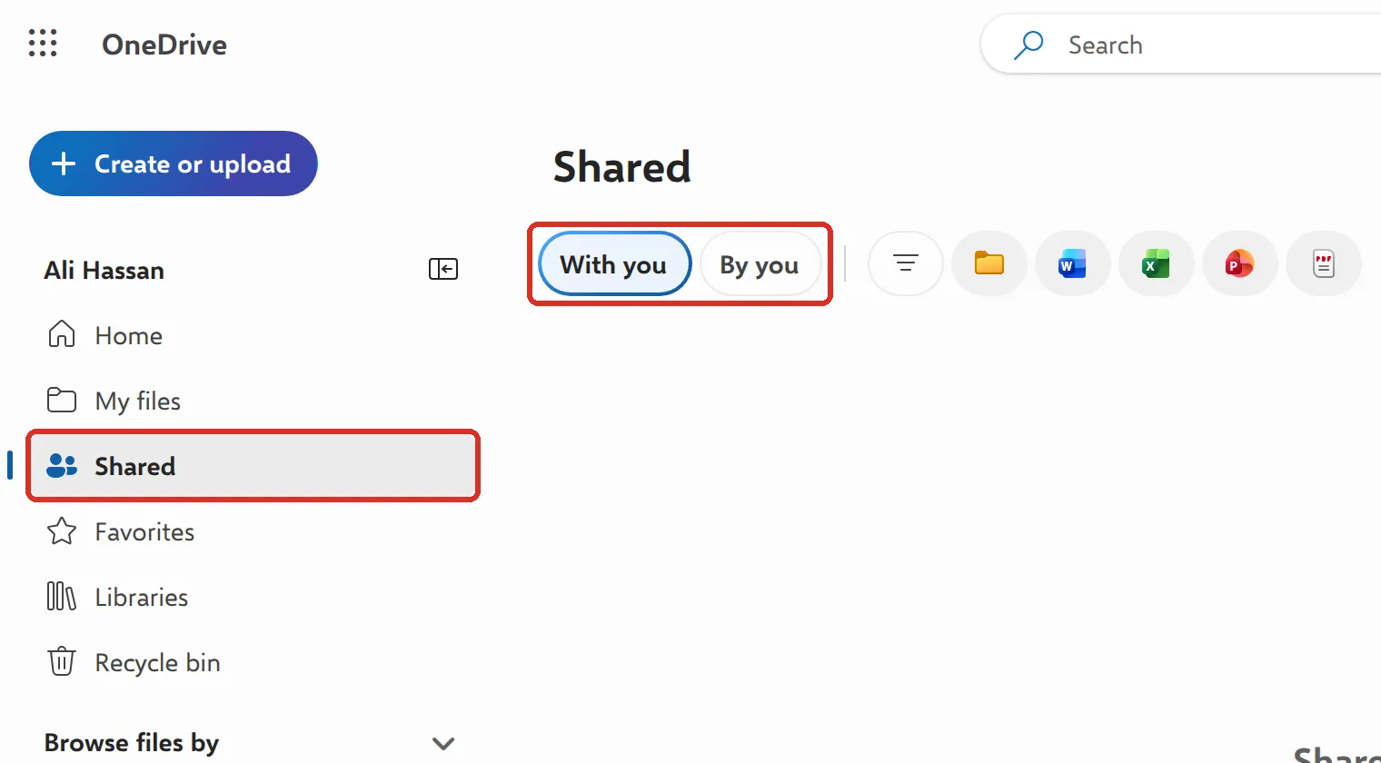 OneDrive Shared page with Shared in the left menu and the With you and By you tabs highlighted