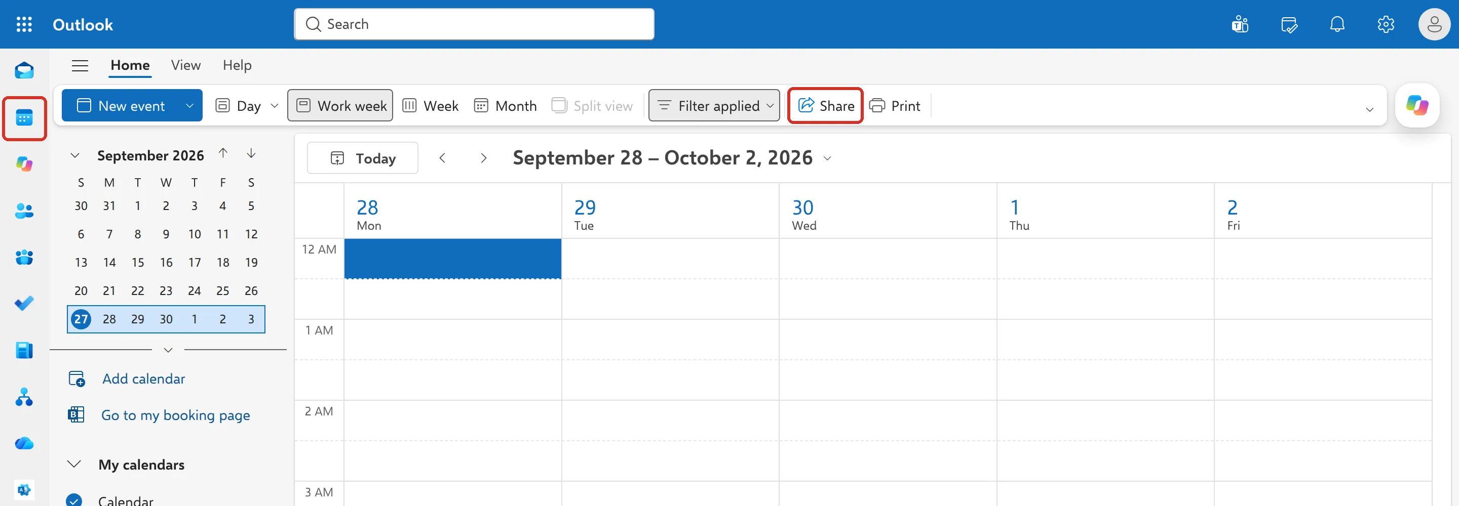 Outlook日历,Calendar图标和Share按钮已标示