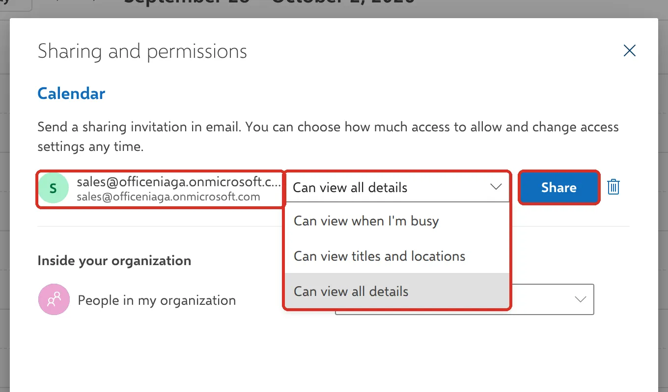 Sharing and permissions,对方、权限列表和Share按钮已标示