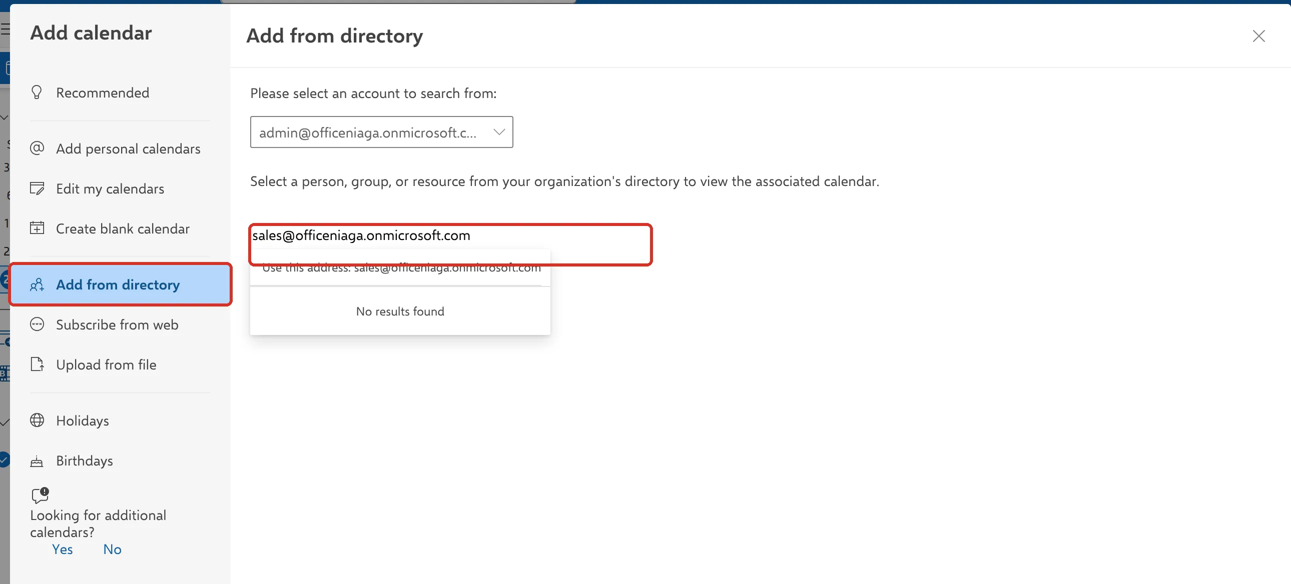 Add calendar窗口,Add from directory和名字方框已标示