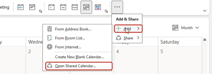 经典版Outlook的Add菜单,Open Shared Calendar已标示