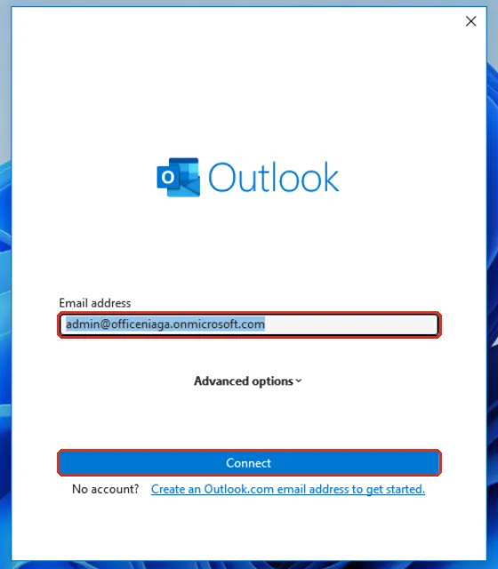Outlook账号窗口，电邮地址栏和Connect按钮已标示