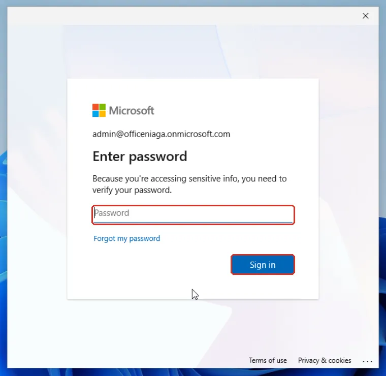 要求输入密码的Microsoft登录窗口，密码栏和Sign in已标示