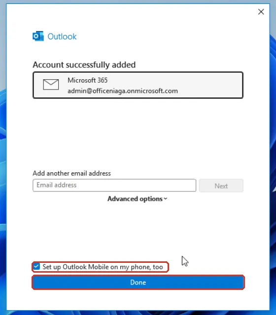 Account successfully added画面，Outlook Mobile勾选框和Done按钮已标示