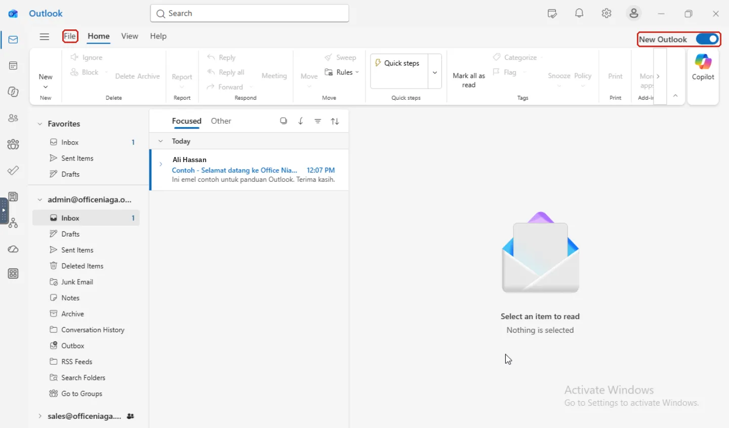 新版Outlook,File标签页和New Outlook开关已标示