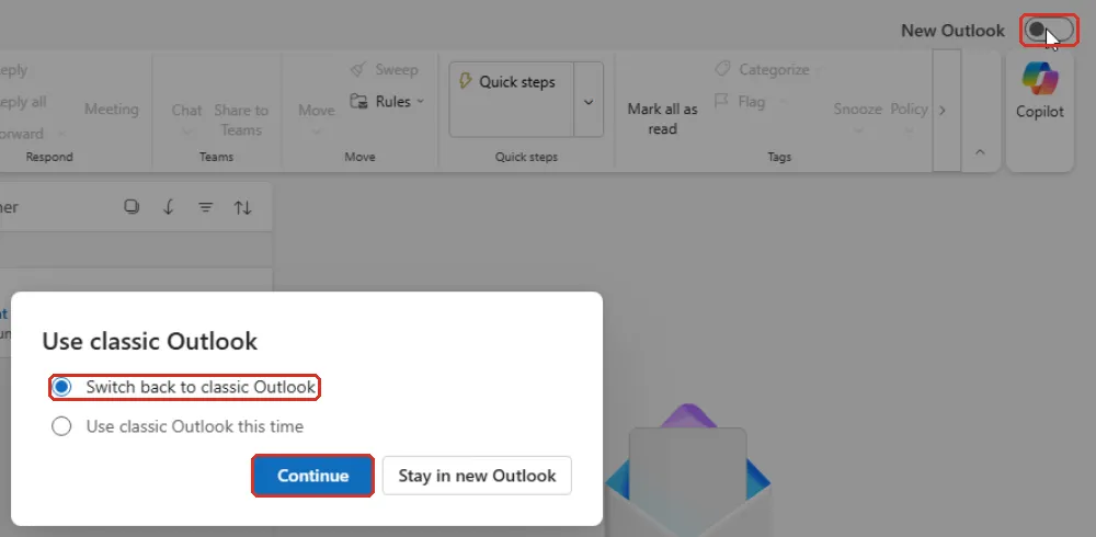 Use classic Outlook问题,Switch back to classic Outlook和Continue已标示