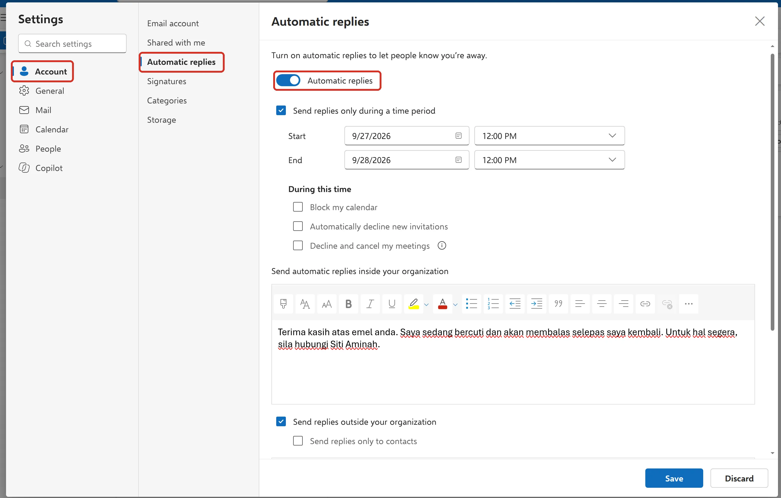 Outlook设置，Account、Automatic replies和Automatic replies开关已标示
