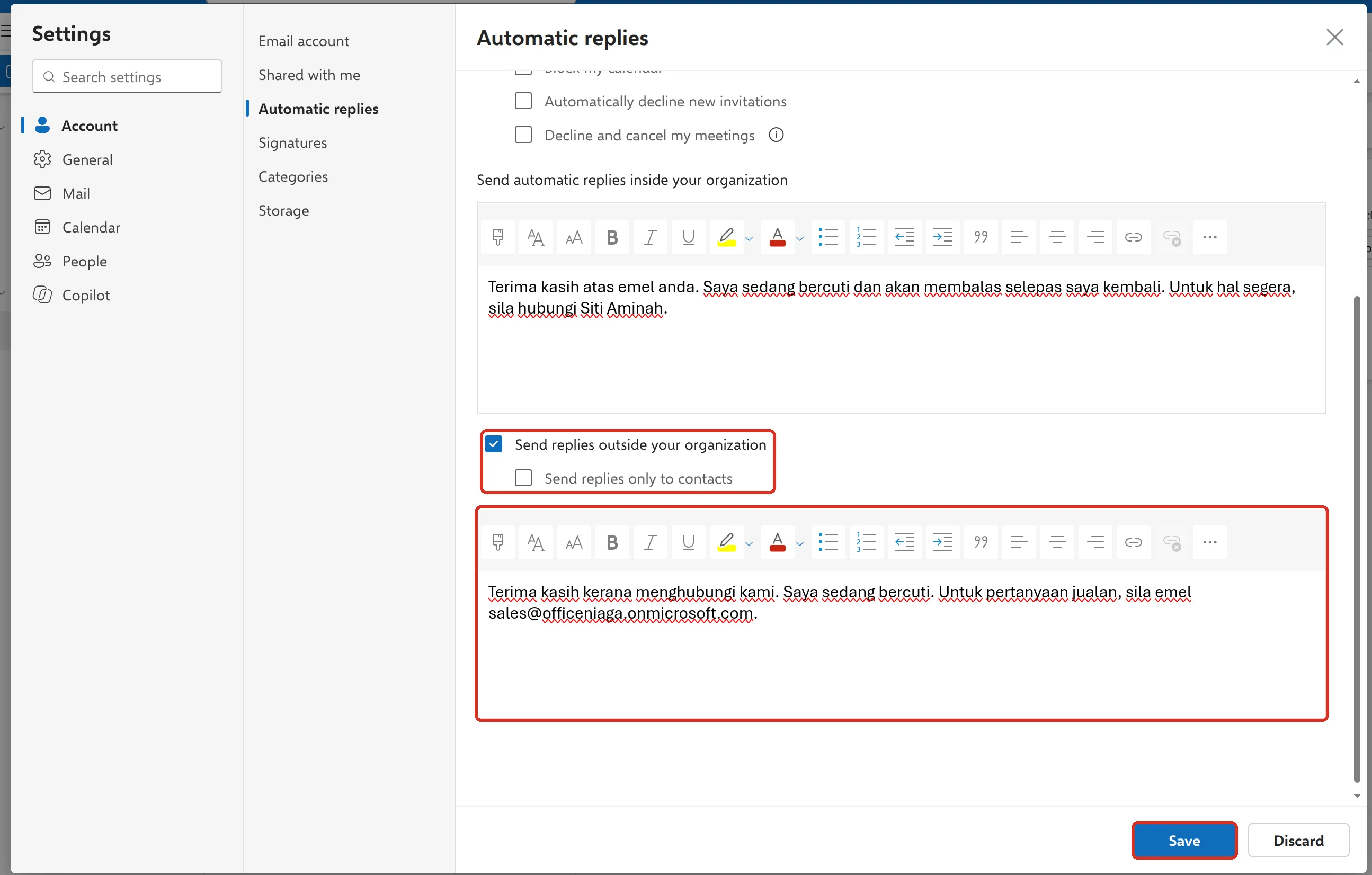Automatic replies，Send replies outside your organization、给客户的信息和Save已标示