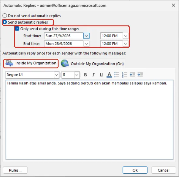 Automatic Replies窗口，Send automatic replies、时间范围和Inside My Organization标签页已标示