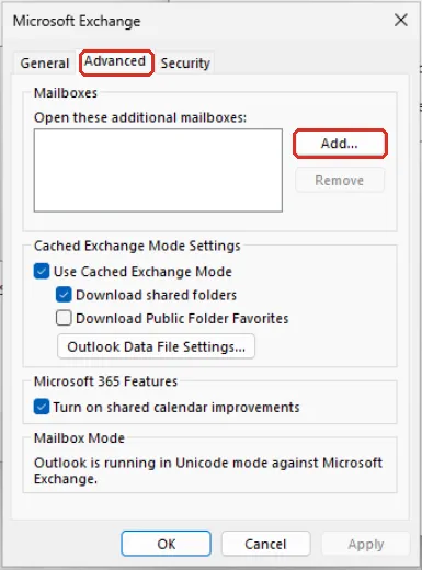 Microsoft Exchange设置的Advanced标签页，Add按钮已标示