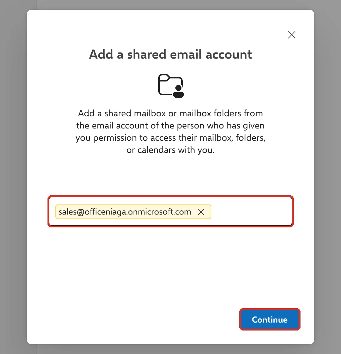 Add a shared email account，已输入共享地址，Continue已标示