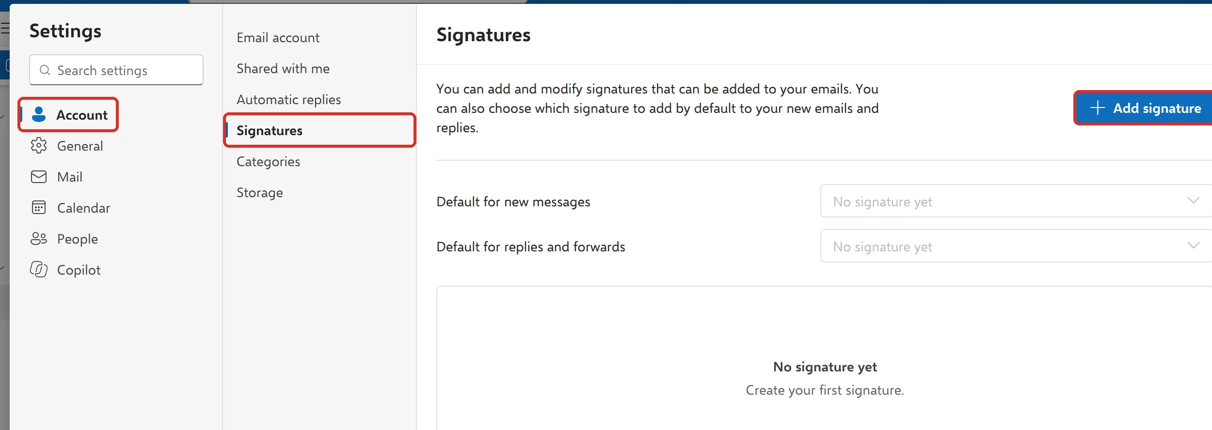 Outlook设置，Account、Signatures和Add signature按钮已标示