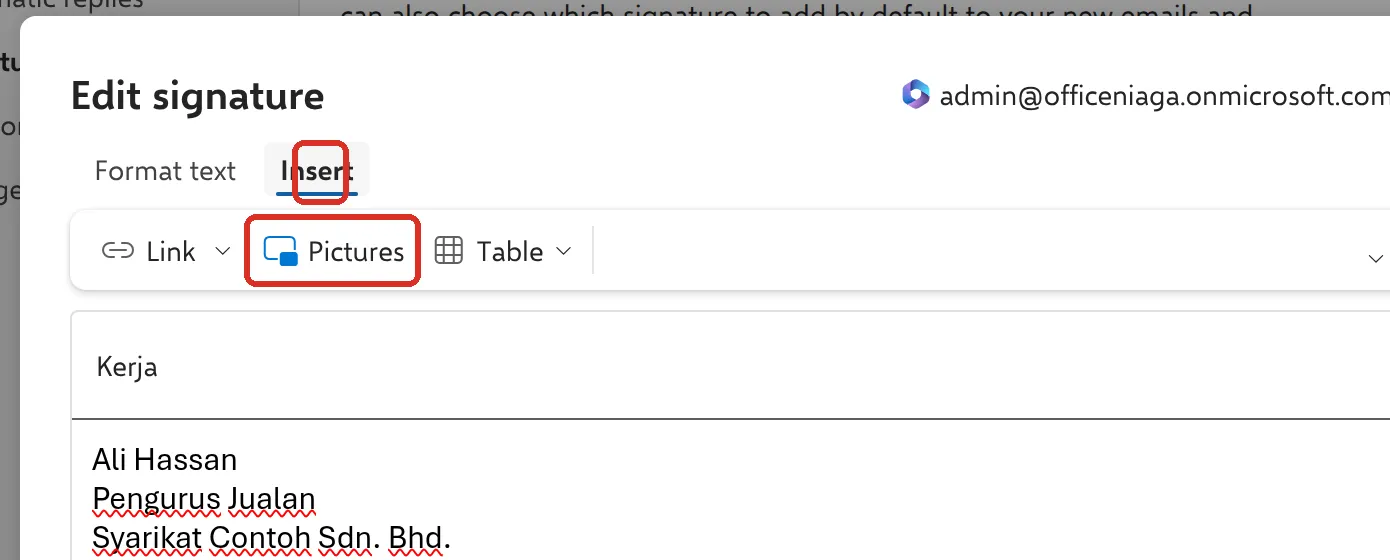 Edit signature窗口的Insert标签页，Pictures按钮已标示