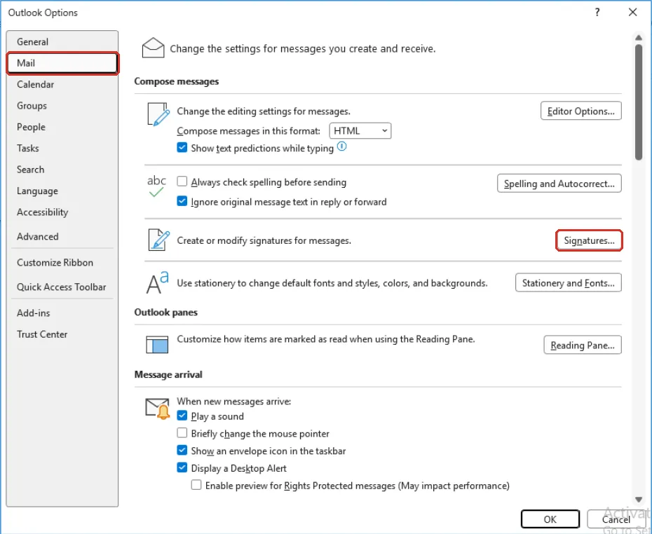 Outlook Options，已选择Mail，Signatures按钮已标示