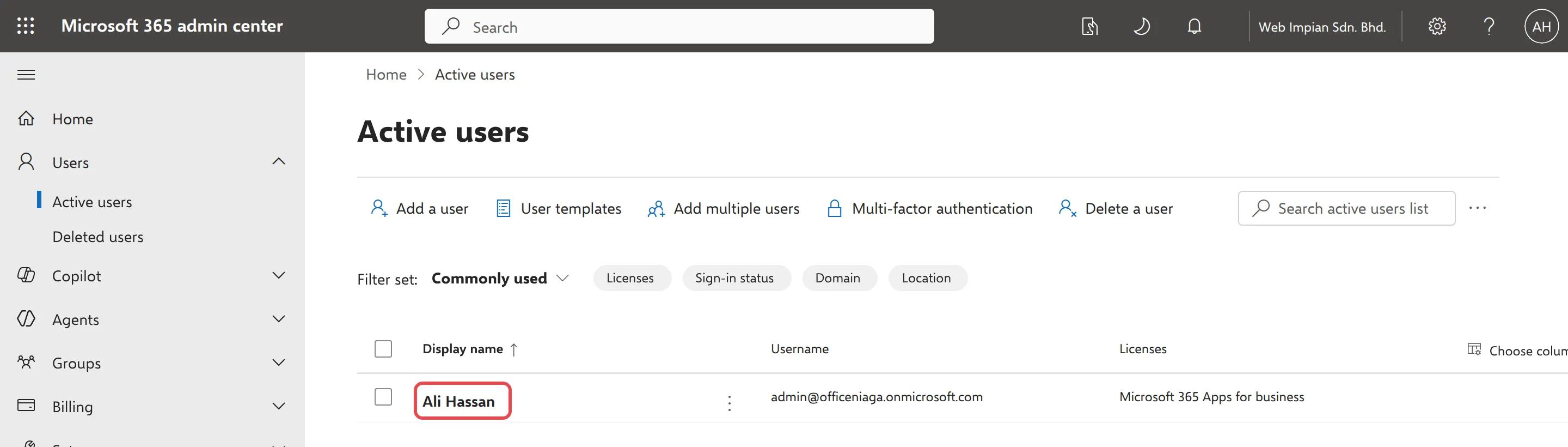 Active users list with a staff member’s name highlighted