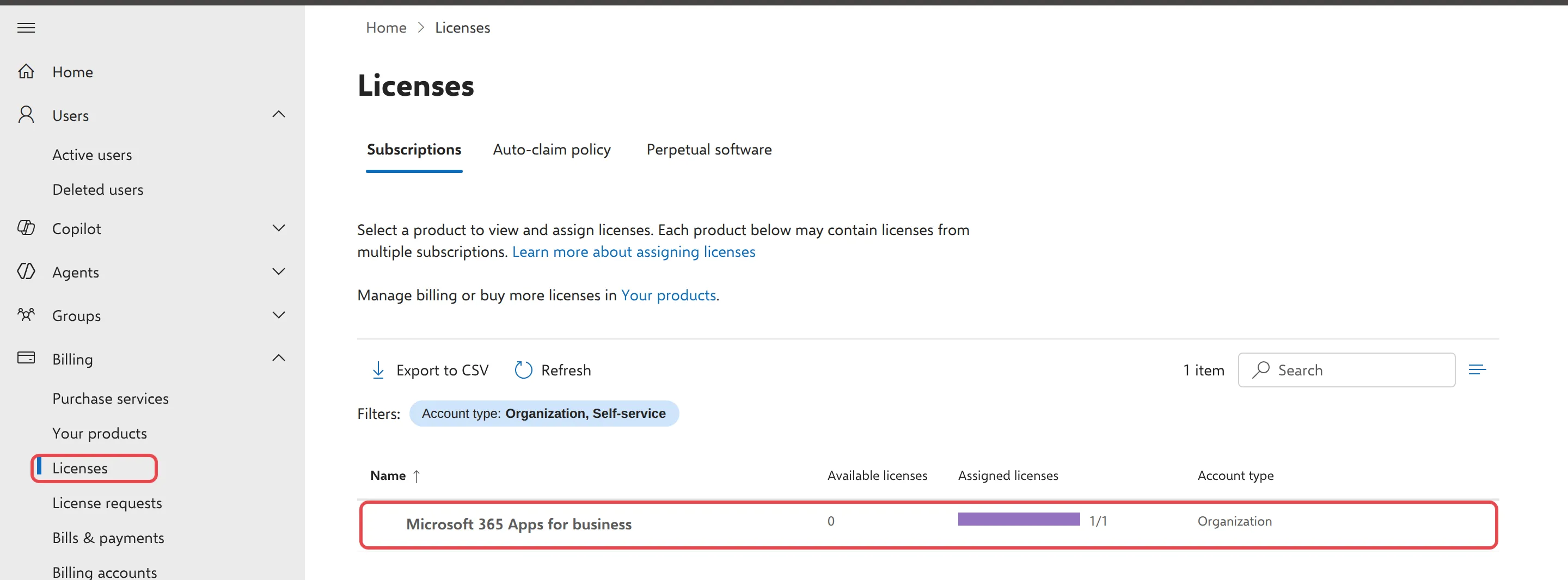 Billing Licenses page listing the products in the subscription with their available and assigned licences