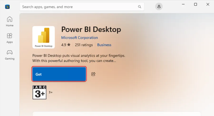 Microsoft Store page for Power BI Desktop by Microsoft Corporation with the Get button highlighted