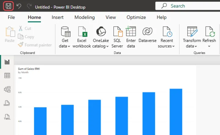 Power BI Desktop title bar with the Save icon at the top left highlighted