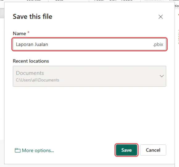 Save this file box with Laporan Jualan typed in Name, Documents under Recent locations, and the Save button highlighted
