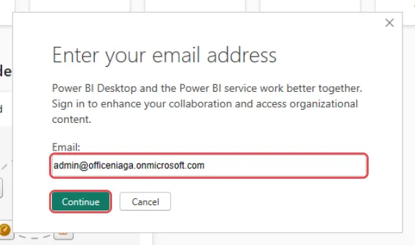 Enter your email address box with a work email typed and Continue highlighted