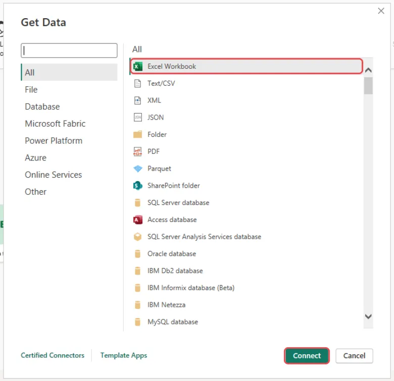 Get Data box with Excel Workbook and the Connect button highlighted