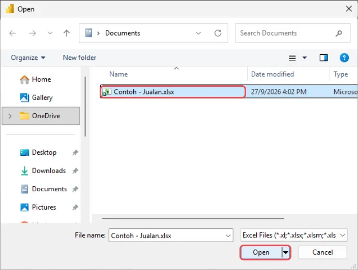Open window with Contoh - Jualan.xlsx selected and the Open button highlighted